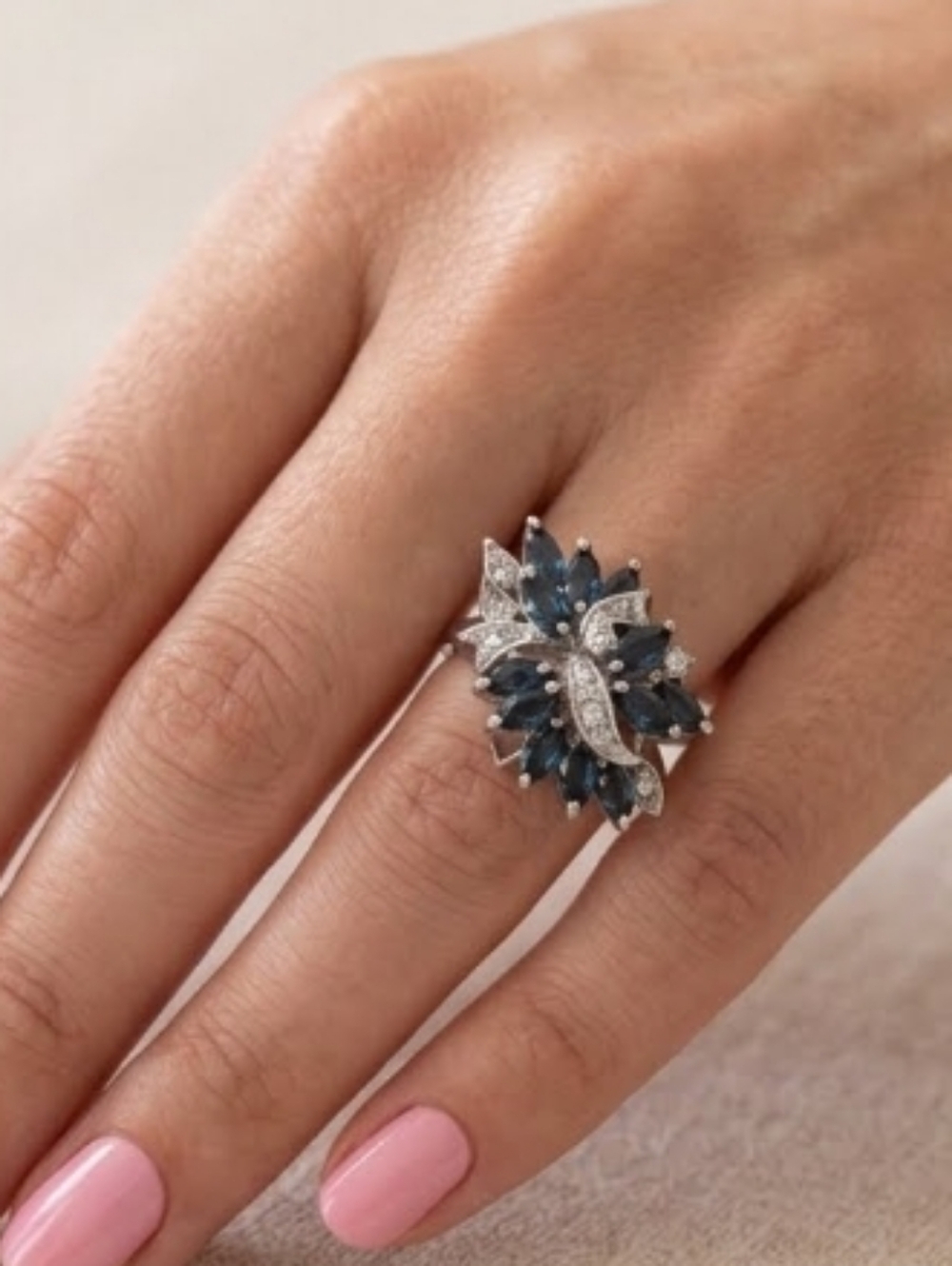 Vintage Sterling Silver Blue Sapphire Marquise Cluster Ring White Topaz Accents